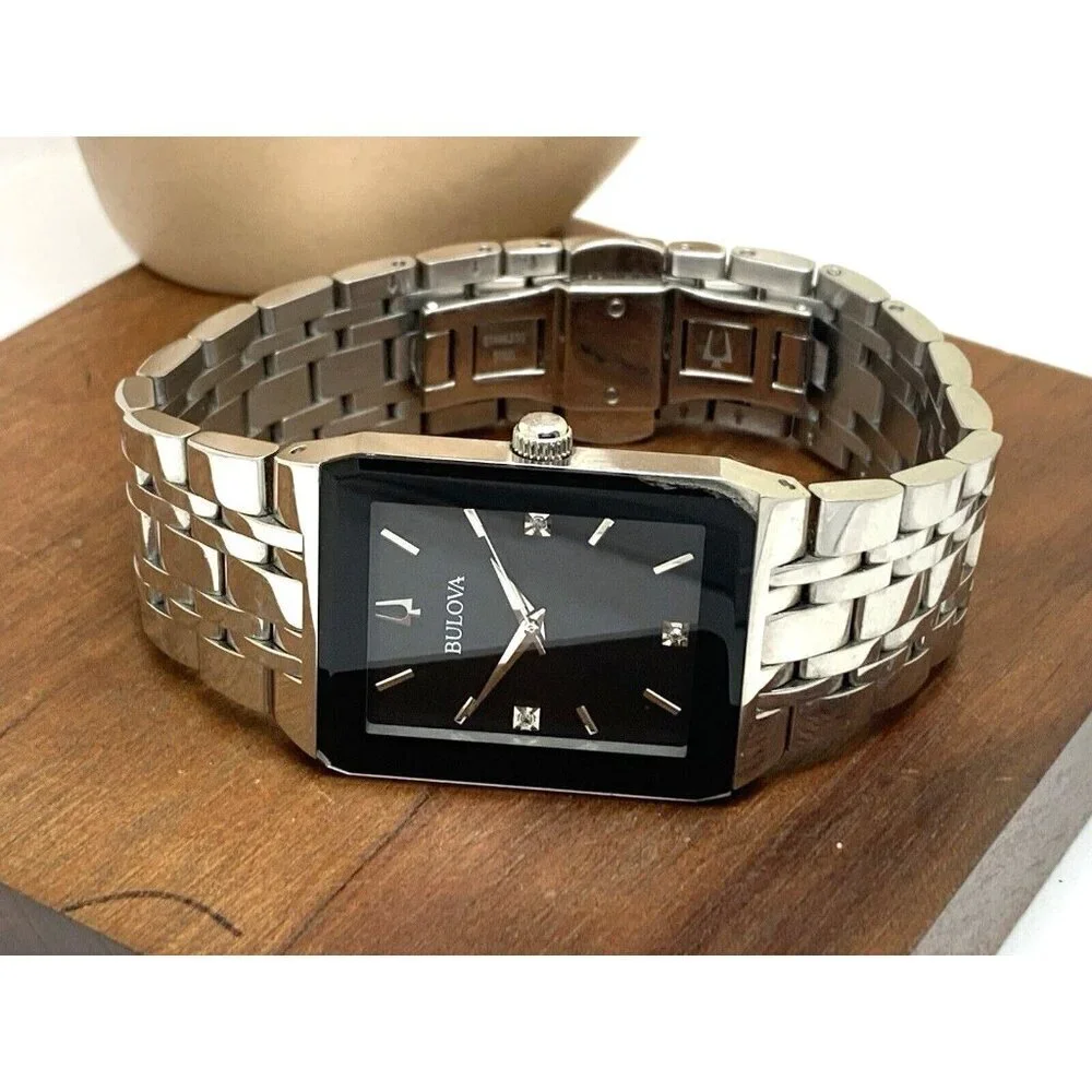 Bulova Men's Watch 96D145 Diamond Black Dial Silver Stainless Steel Quartz CHIP